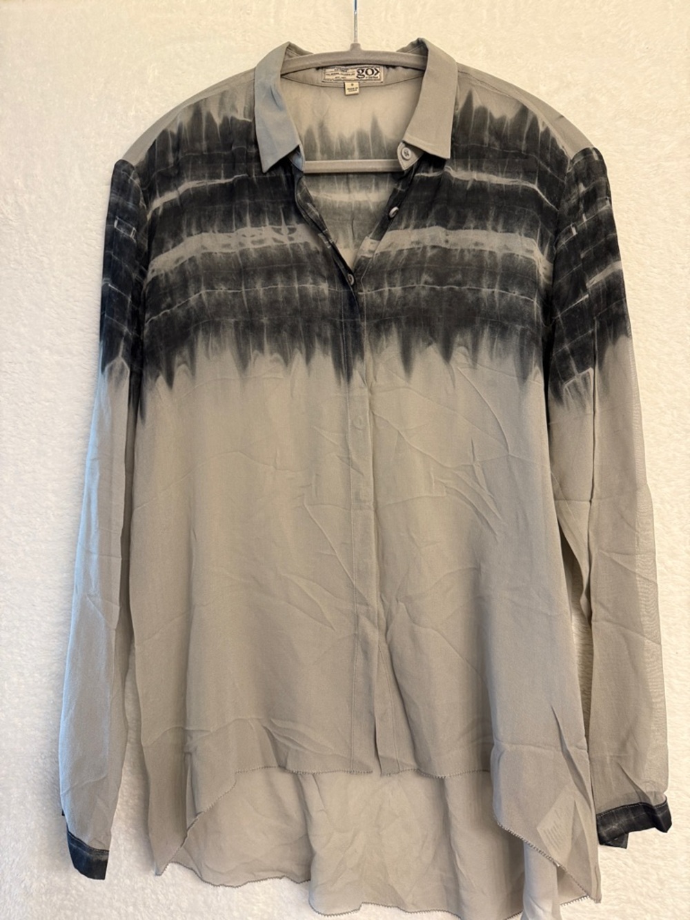 RARE Go Silk WASHABLE SILK Light Gray and Black Tie-Dye Long Sleeve Sheer Blouse